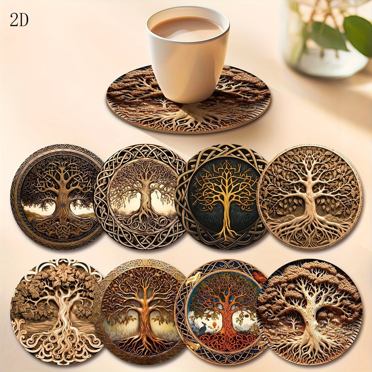 8Pcs Life Tree Series Wooden Coasters