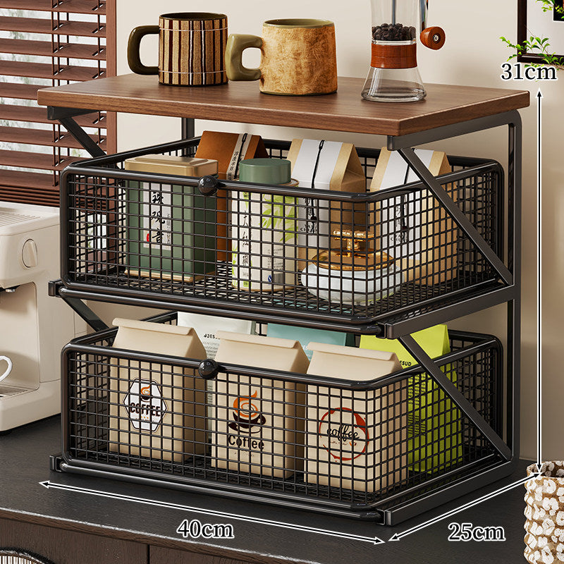 No-Assembly Pull-Out Coffee & Tea Organizer Rack – Solid Wood & Carbon Steel Storage Shelf