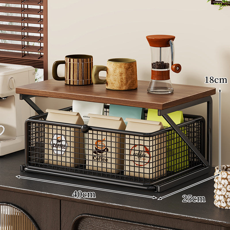 No-Assembly Pull-Out Coffee & Tea Organizer Rack – Solid Wood & Carbon Steel Storage Shelf