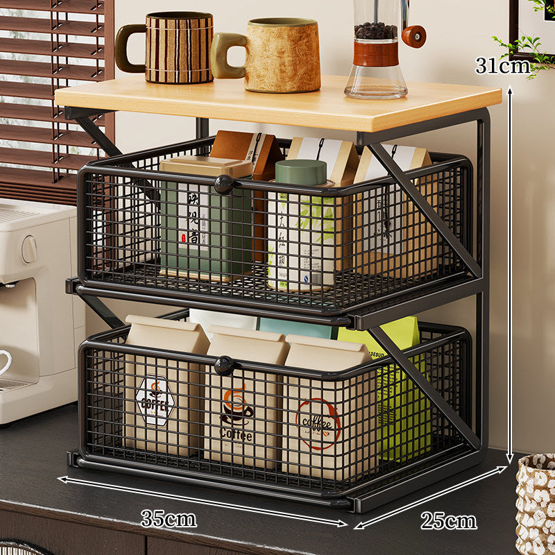 No-Assembly Pull-Out Coffee & Tea Organizer Rack – Solid Wood & Carbon Steel Storage Shelf
