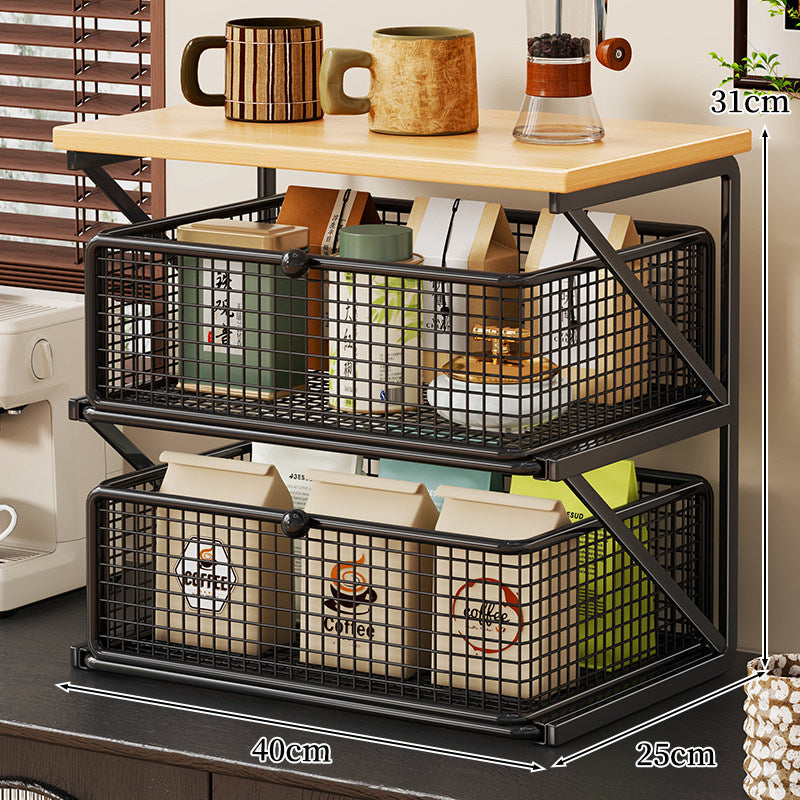 No-Assembly Pull-Out Coffee & Tea Organizer Rack – Solid Wood & Carbon Steel Storage Shelf