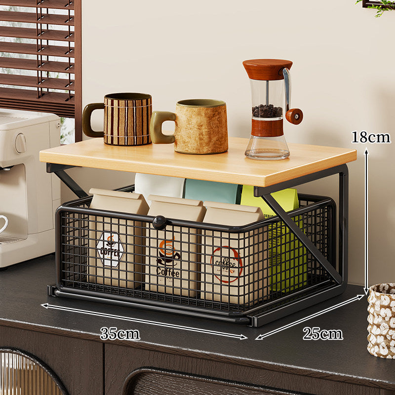 No-Assembly Pull-Out Coffee & Tea Organizer Rack – Solid Wood & Carbon Steel Storage Shelf