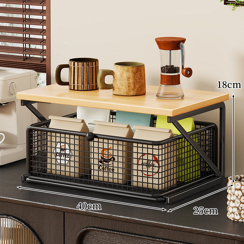 No-Assembly Pull-Out Coffee & Tea Organizer Rack – Solid Wood & Carbon Steel Storage Shelf