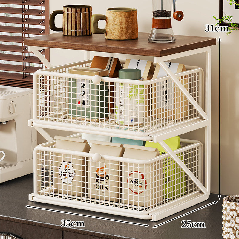 No-Assembly Pull-Out Coffee & Tea Organizer Rack – Solid Wood & Carbon Steel Storage Shelf