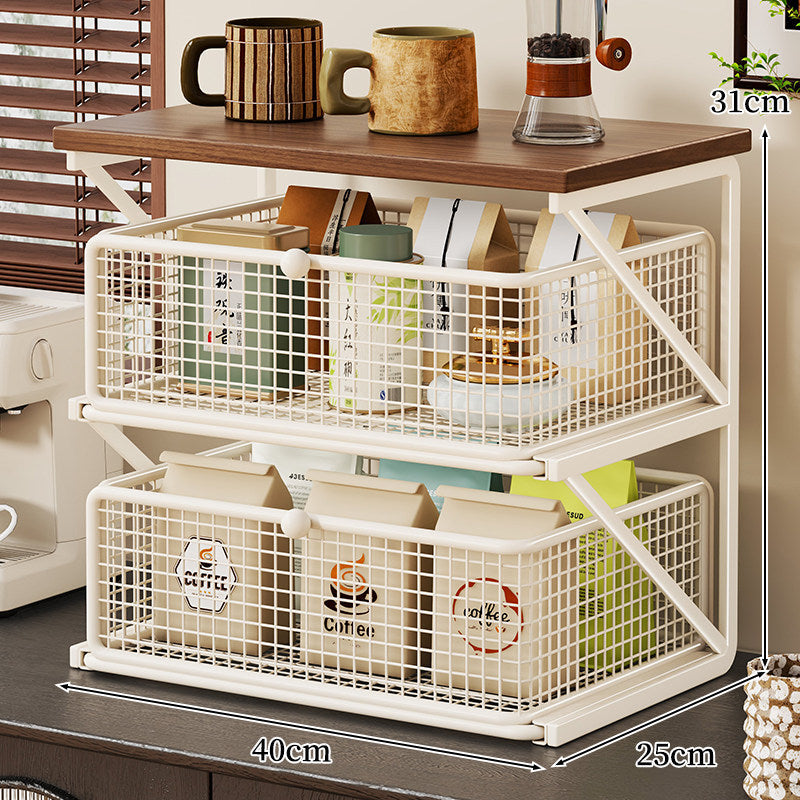 No-Assembly Pull-Out Coffee & Tea Organizer Rack – Solid Wood & Carbon Steel Storage Shelf