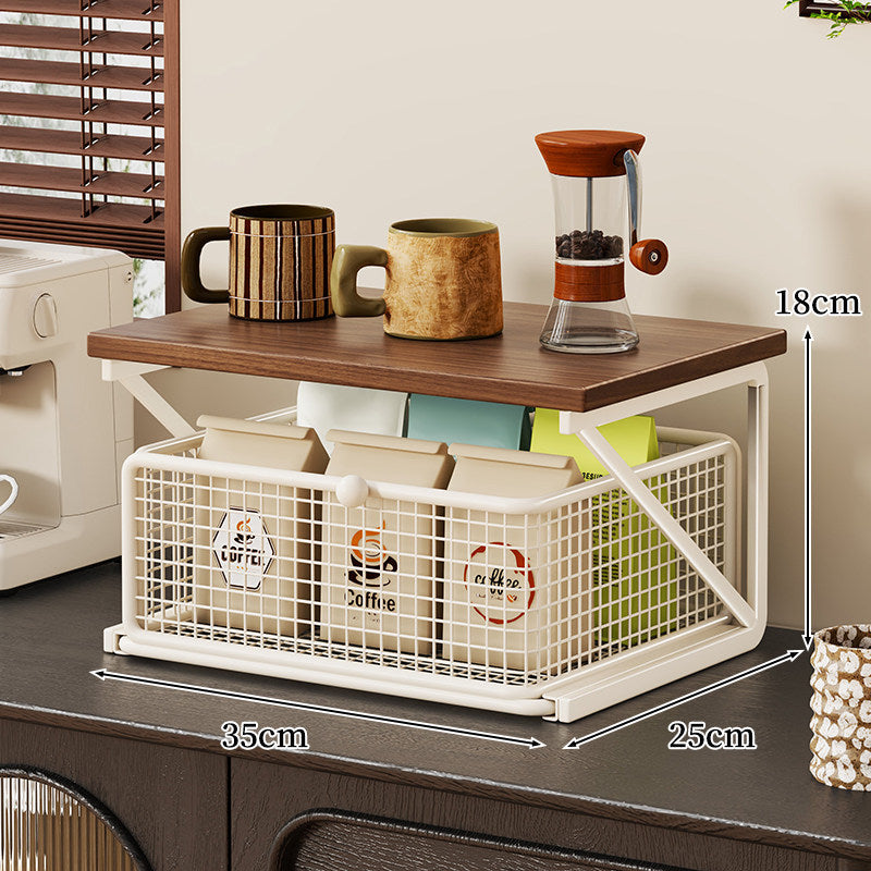 No-Assembly Pull-Out Coffee & Tea Organizer Rack – Solid Wood & Carbon Steel Storage Shelf