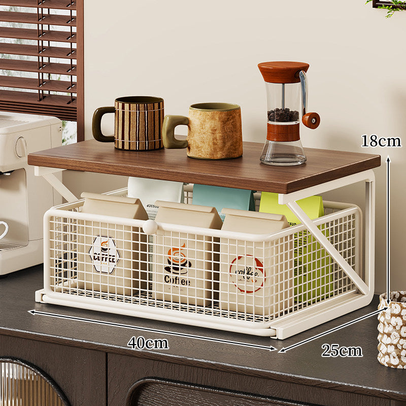 No-Assembly Pull-Out Coffee & Tea Organizer Rack – Solid Wood & Carbon Steel Storage Shelf
