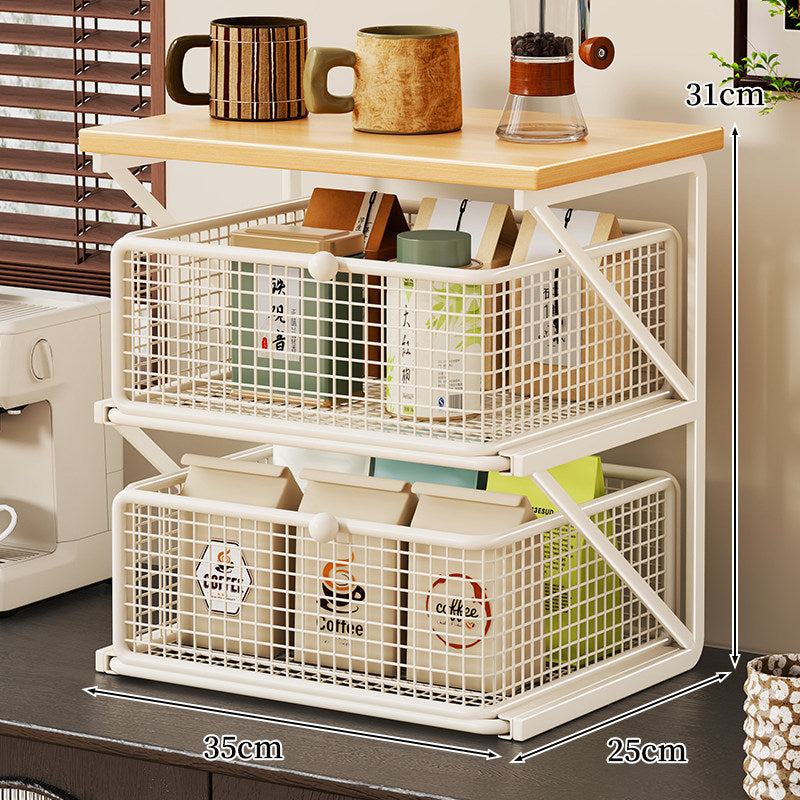 No-Assembly Pull-Out Coffee & Tea Organizer Rack – Solid Wood & Carbon Steel Storage Shelf