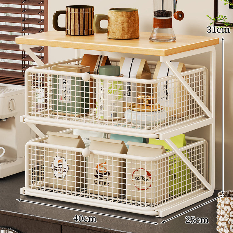 No-Assembly Pull-Out Coffee & Tea Organizer Rack – Solid Wood & Carbon Steel Storage Shelf