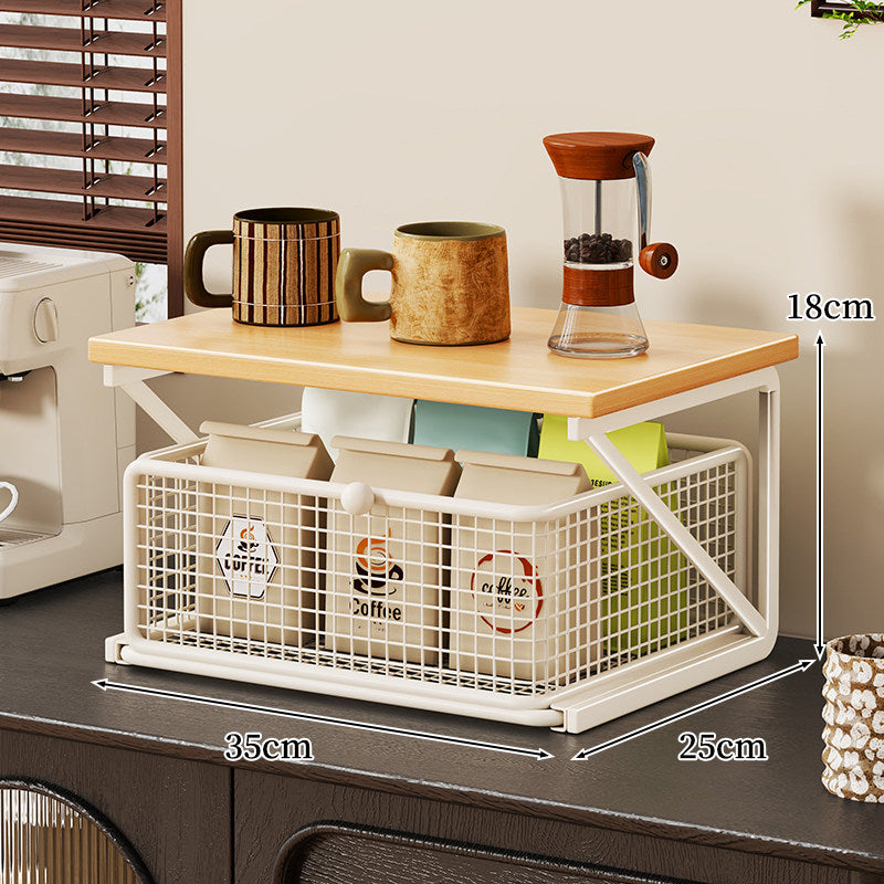No-Assembly Pull-Out Coffee & Tea Organizer Rack – Solid Wood & Carbon Steel Storage Shelf