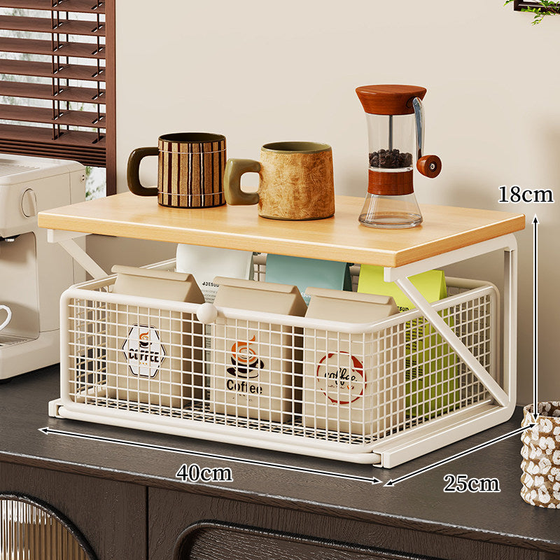 No-Assembly Pull-Out Coffee & Tea Organizer Rack – Solid Wood & Carbon Steel Storage Shelf