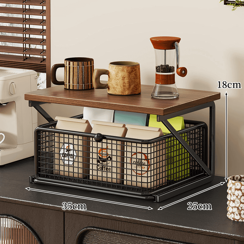 No-Assembly Pull-Out Coffee & Tea Organizer Rack – Solid Wood & Carbon Steel Storage Shelf