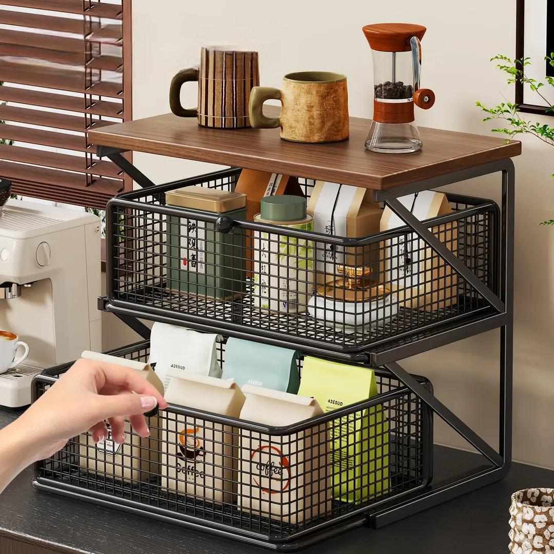 No-Assembly Pull-Out Coffee & Tea Organizer Rack – Solid Wood & Carbon Steel Storage Shelf