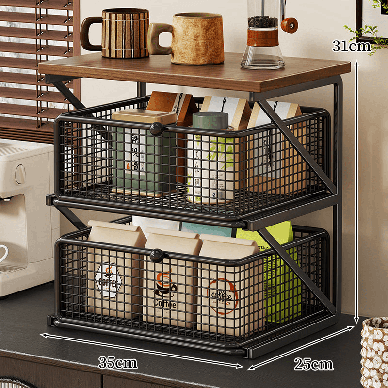 No-Assembly Pull-Out Coffee & Tea Organizer Rack – Solid Wood & Carbon Steel Storage Shelf