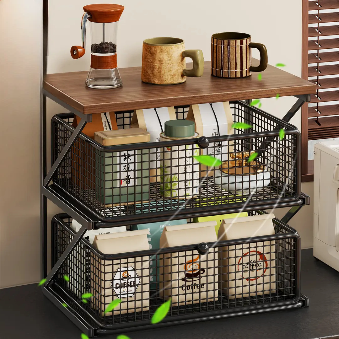 No-Assembly Pull-Out Coffee & Tea Organizer Rack – Solid Wood & Carbon Steel Storage Shelf
